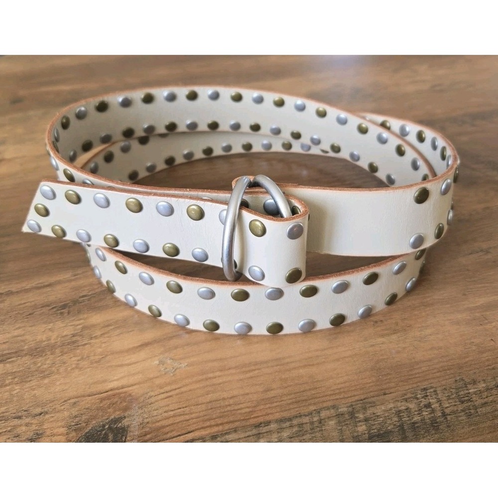 Convalore Ladies Studded Cream Colored Belt Double-O Ring Buckle Italian Leather